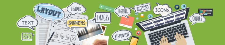 A laptop, icons, photos and illustrations