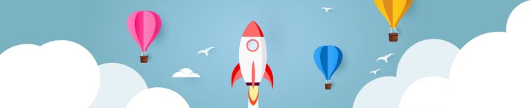 Rocket and balloons in the sky